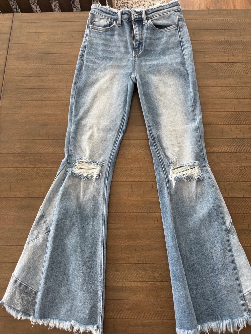 Light Wash Distressed Flared Jeans - Unbranded